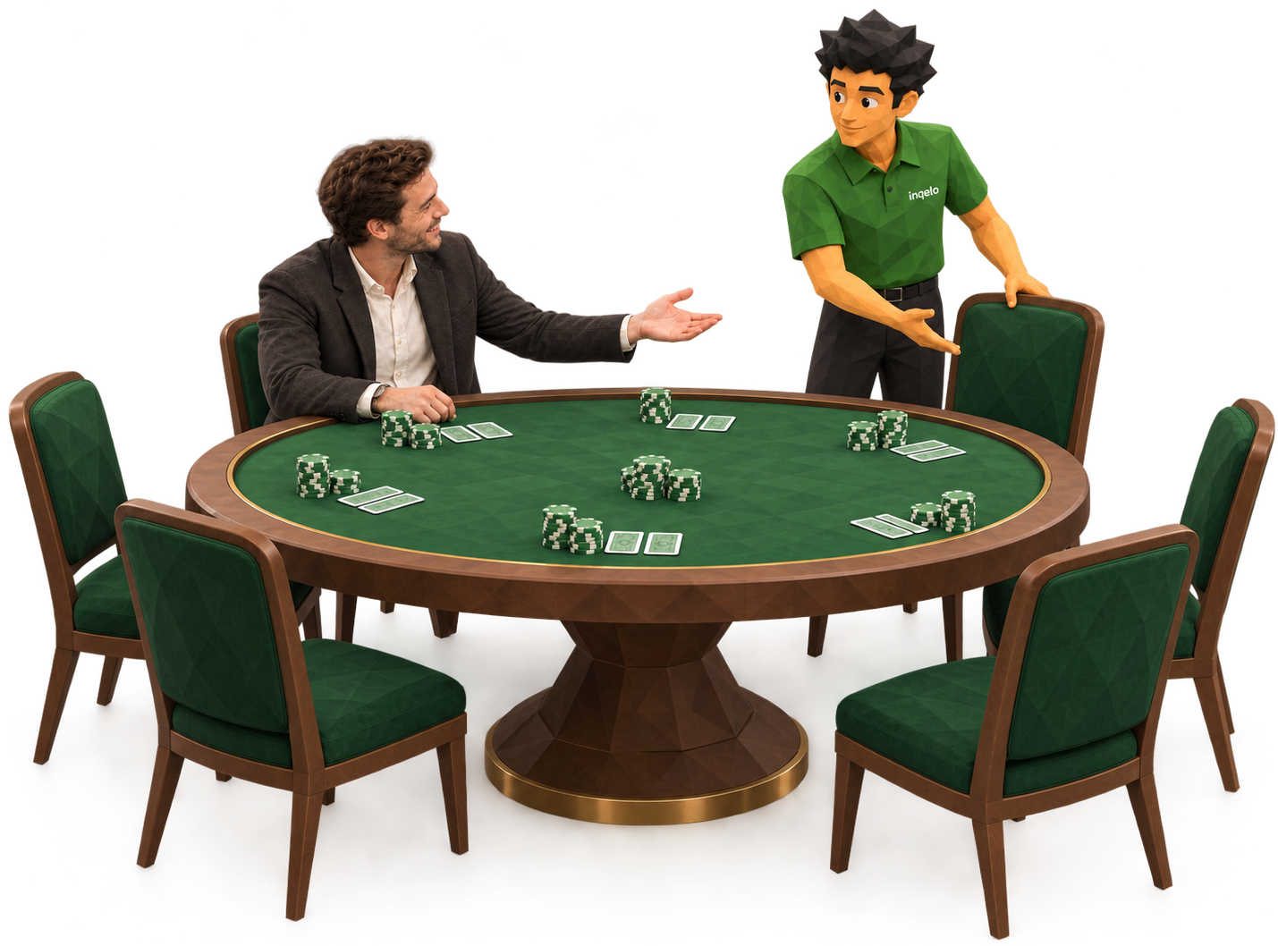 The Inqelo team member pulls out a chair at the poker table while a customer in a blazer waves him over from across the felt.