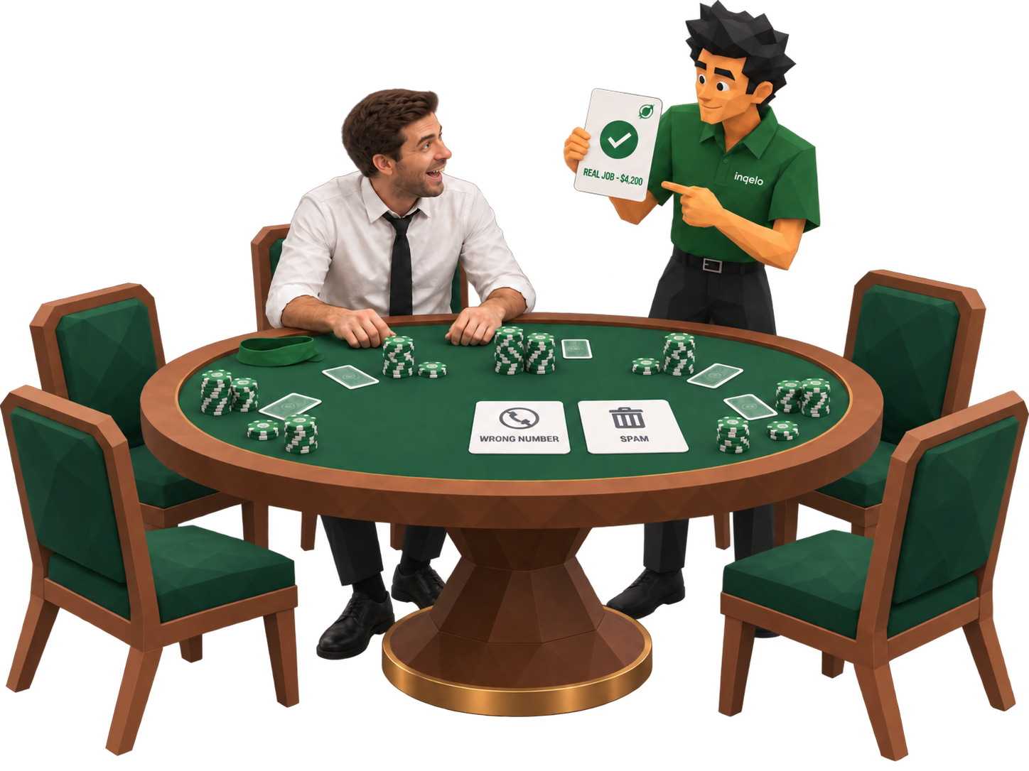 The Inqelo team member holds up the REAL JOB $4,200 card to a delighted customer whose blindfold now lies on the poker table: your ads finally see the cards.